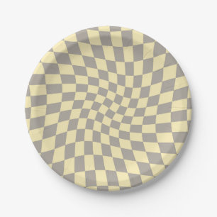 Retro Gray Yellow Pastel Warped Checkerboard Papieren Bordje