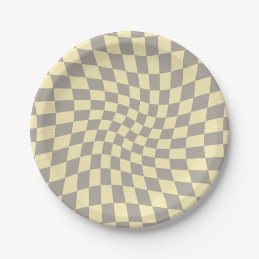 Retro Gray Yellow Pastel Warped Checkerboard Papieren Bordje (Voorkant)