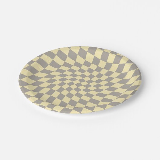Retro Gray Yellow Pastel Warped Checkerboard Papieren Bordje (Gekanteld)