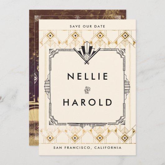 Retro Great Gatsby Art Deco Foto Bewaar de datums Save The Date (Voorkant / Achterkant)