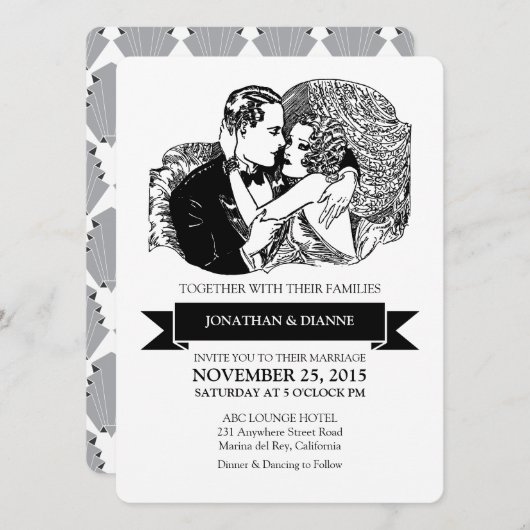 Retro  Great Gatsby Style Art Deco Wedding Kaart (Voorkant / Achterkant)