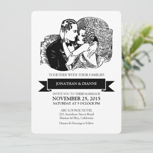 Retro  Great Gatsby Style Art Deco Wedding Kaart (Staand voorkant)