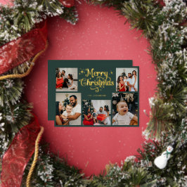 Retro Green and Gold Merry Christmas Family Photo Folie Feestdagenkaart