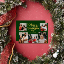 Retro Green and Gold Merry Christmas Family Photo Folie Feestdagenkaart