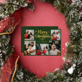Retro Green and Gold Merry Christmas Family Photo Folie Feestdagenkaart