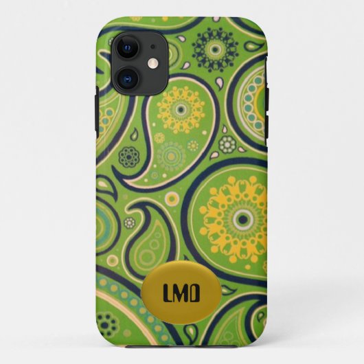 Retro Green and Yellow Paisley Design iPhone Case (Achterkant)