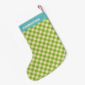 Retro Green Blue Checkerboard Personalized Name Kleine Kerstsok (Achterkant (Hangend))