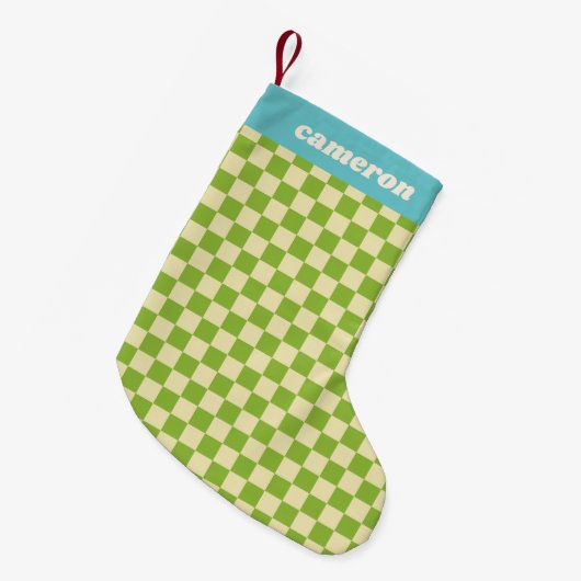 Retro Green Blue Checkerboard Personalized Name Kleine Kerstsok (Voorkant (Hangend))