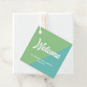 Retro Green Blue Welcome Gift Basket Bag Weddensch Bedankjes Labels (In situ)