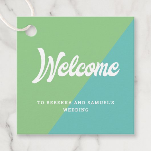 Retro Green Blue Welcome Gift Basket Bag Weddensch Bedankjes Labels (Voorkant)