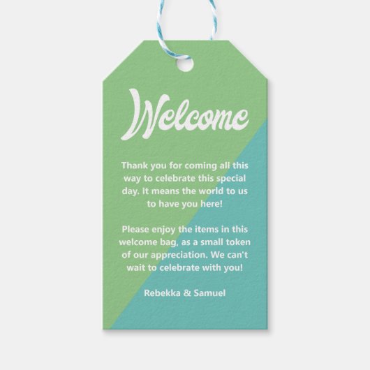 Retro Green Blue Welcome Gift Basket Bag Weddensch Cadeaulabel (Voorkant)