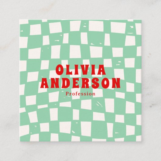 Retro Green Bold 70's Groovy Geruit Trendy Fun Vierkante Visitekaartje (Voorkant)