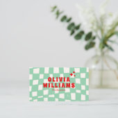 Retro Green Bold Groovy Geruit Funky QR-code Visitekaartje (Staand voorkant)
