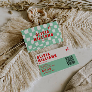 Retro Green Bold Groovy Geruit Funky QR-code Visitekaartje