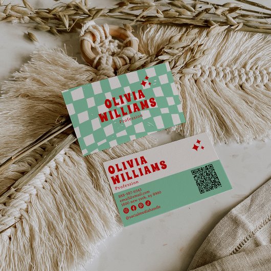 Retro Green Bold Groovy Geruit Funky QR-code Visitekaartje