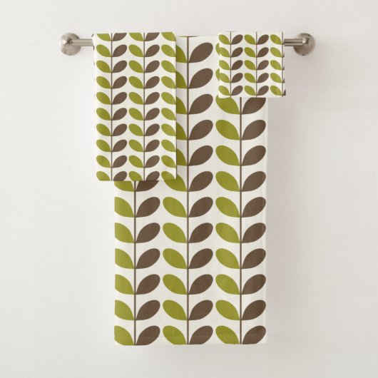 Retro Green Brown Leaf Pattern Bad Handdoek (Insitu)