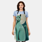 Retro Green Cat Print Schort voor kattenkleppen (Gedragen)