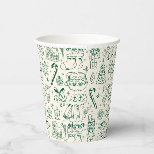 Retro Green Christmas Doodle Papieren Bekers (Rechts)