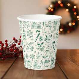 Retro Green Christmas Doodle Papieren Bekers