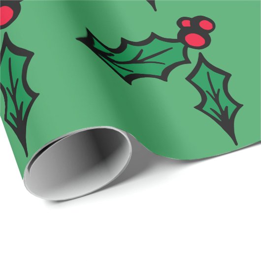 Retro Green Christmas Holly Wrapping Paper Cadeaupapier (Rol Hoek)