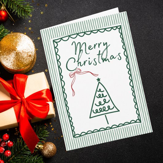 Retro green Christmas Tree & Family Photo Custom Kaart