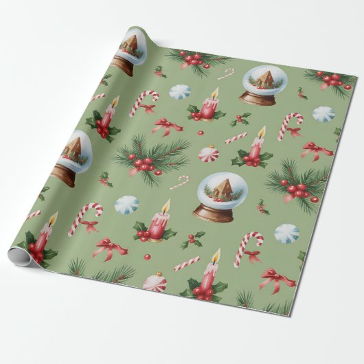 Retro Green Christmas Wrapping Paper Cadeaupapier (Uitgerold)