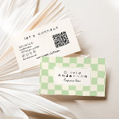 Retro Green Cream Wavy Checkered Boho QR Code Visitekaartje