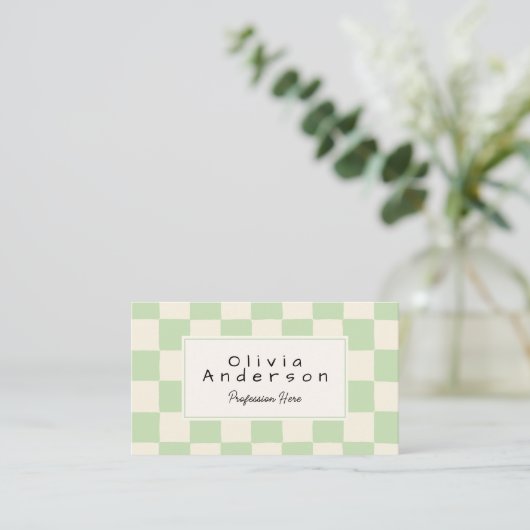 Retro Green Cream Wavy Checkered Boho QR Code Visitekaartje (Staand voorkant)