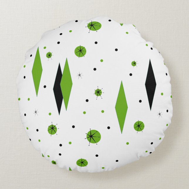 Retro Green Diamond & Starburst Rond Sierkussen Kussen (Achterkant)