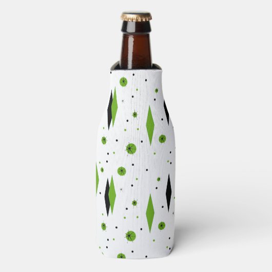 Retro Green Diamonds & Starbursts Bottle Cooler (Fles Voorkant)