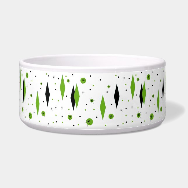 Retro Green Diamonds & Starbursts Ceramic Dog Bowl Voerbakje (Voorkant)