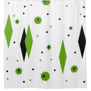 Retro Green Diamonds & Starbursts Shower Curtain Douchegordijn