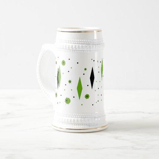 Retro Green Diamonds & Starbursts Stein Bierpul (Voorkant links)