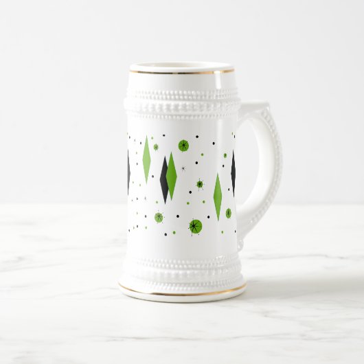 Retro Green Diamonds & Starbursts Stein Bierpul (Voorkant rechts)