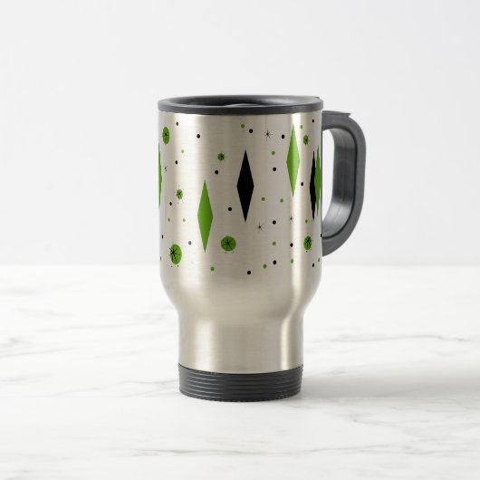 Retro Green Diamonds & Starbursts Travel Mug Reisbeker (Voorkant rechts)