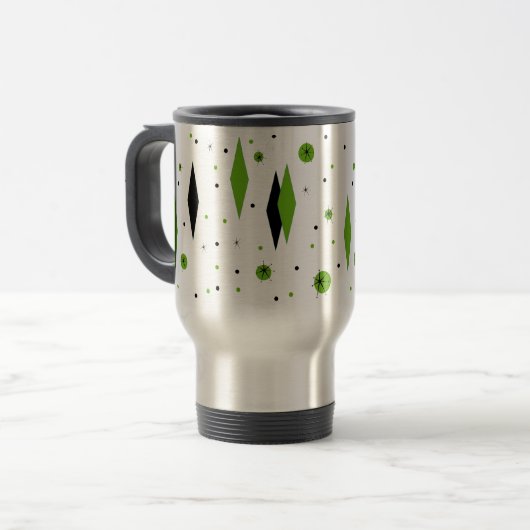 Retro Green Diamonds & Starbursts Travel Mug Reisbeker (Voorkant links)