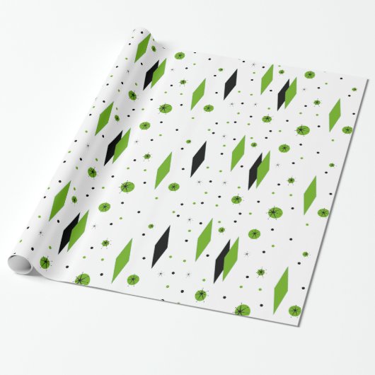 Retro Green Diamonds & Starbursts Wrapping Paper Cadeaupapier (Uitgerold)