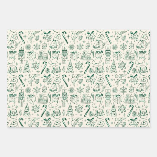 Retro Green Doodle Christmas Wrapping Paper (Voorkant)