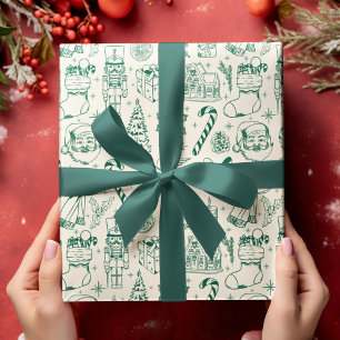 Retro Green Doodle Christmas Wrapping Paper