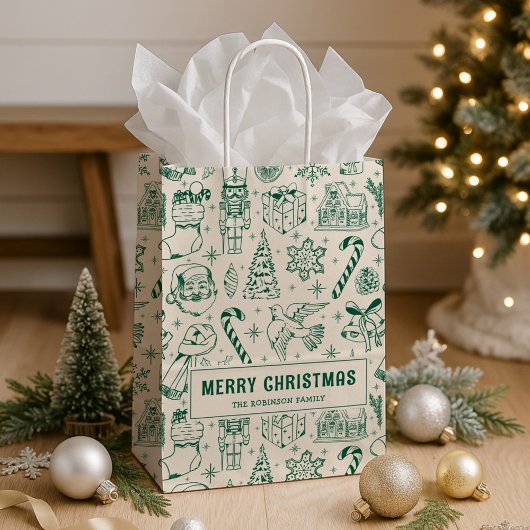 Retro Green Doodle Vrolijk Kerstfeest Medium Cadeauzakje