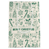 Retro Green Doodle Vrolijk Kerstfeest Medium Cadeauzakje (Achterkant)