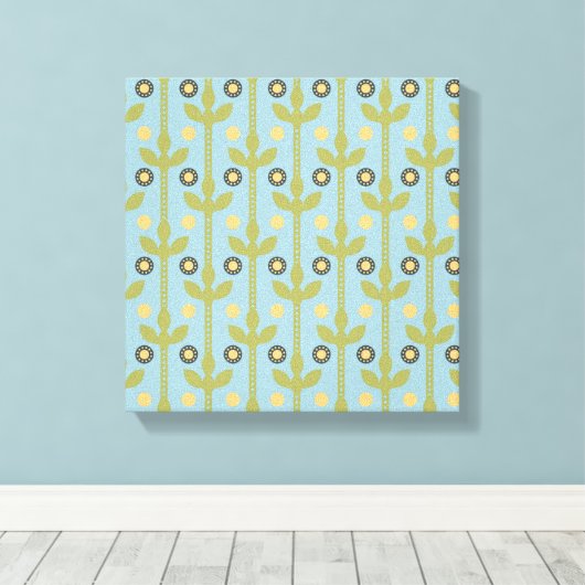 Retro Green en Blue Cute Folksy Floral Pattern Canvas Afdruk (Insitu (Houten vloer))