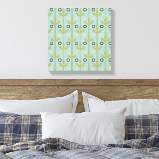 Retro Green en Blue Cute Folksy Floral Pattern Canvas Afdruk (Insitu (Slaapkamer))