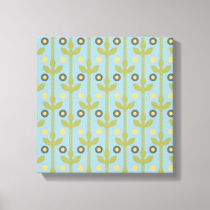 Retro Green en Blue Cute Folksy Floral Pattern Canvas Afdruk