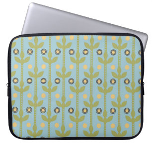 Retro Green en Blue Cute Folksy Floral Pattern Laptop Sleeve