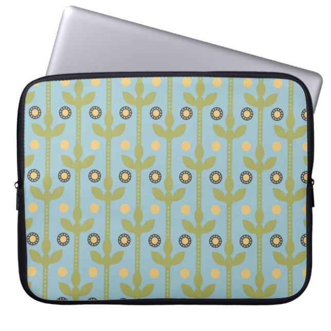 Retro Green en Blue Cute Folksy Floral Pattern Laptop Sleeve (Voorkant)
