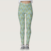 Retro Green en Blue Cute Folksy Floral Pattern Leggings (Voorkant)