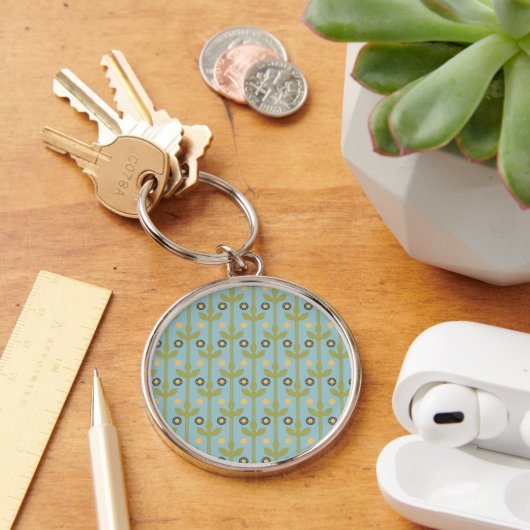 Retro Green en Blue Cute Folksy Floral Pattern Sleutelhanger (Bureau)