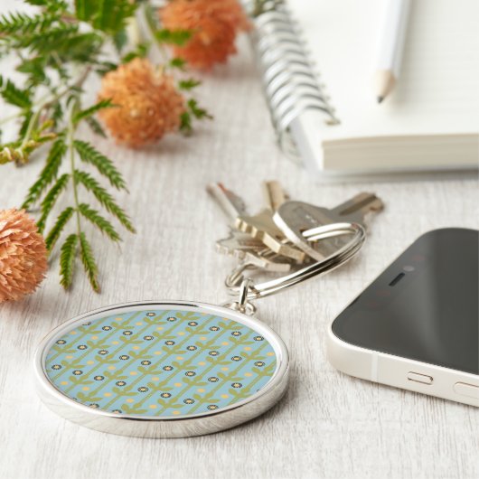 Retro Green en Blue Cute Folksy Floral Pattern Sleutelhanger (Zijkant)