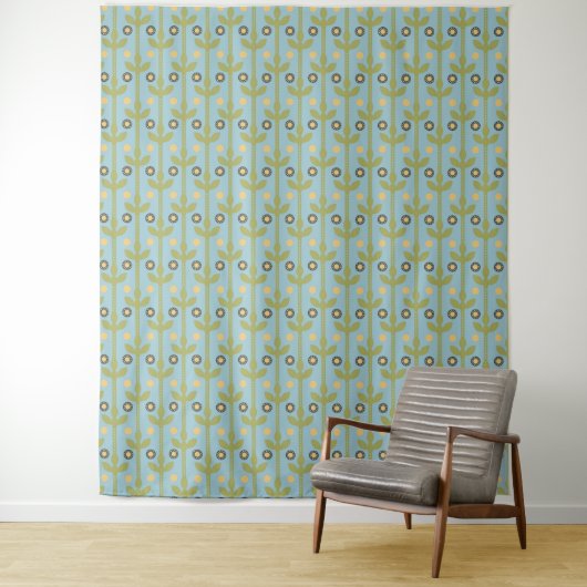 Retro Green en Blue Cute Folksy Floral Pattern Wandkleed (In situ)